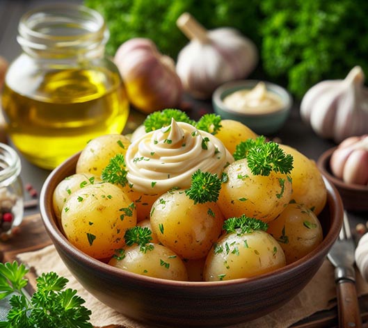 Patatas con mayonesa y perejil rodeadas de un bote de aceite, ajos y ramilletes de perejil